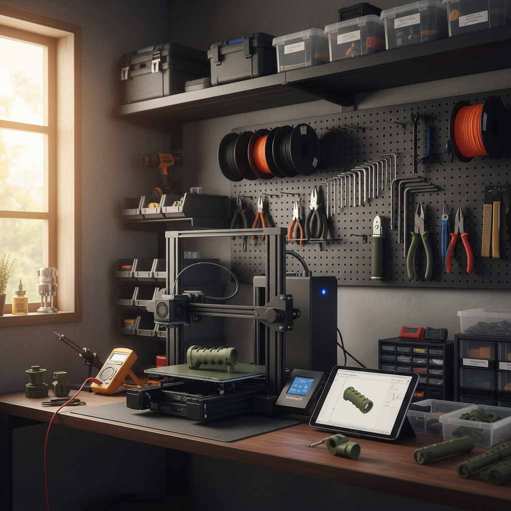 3D printer workbench with filament and tools