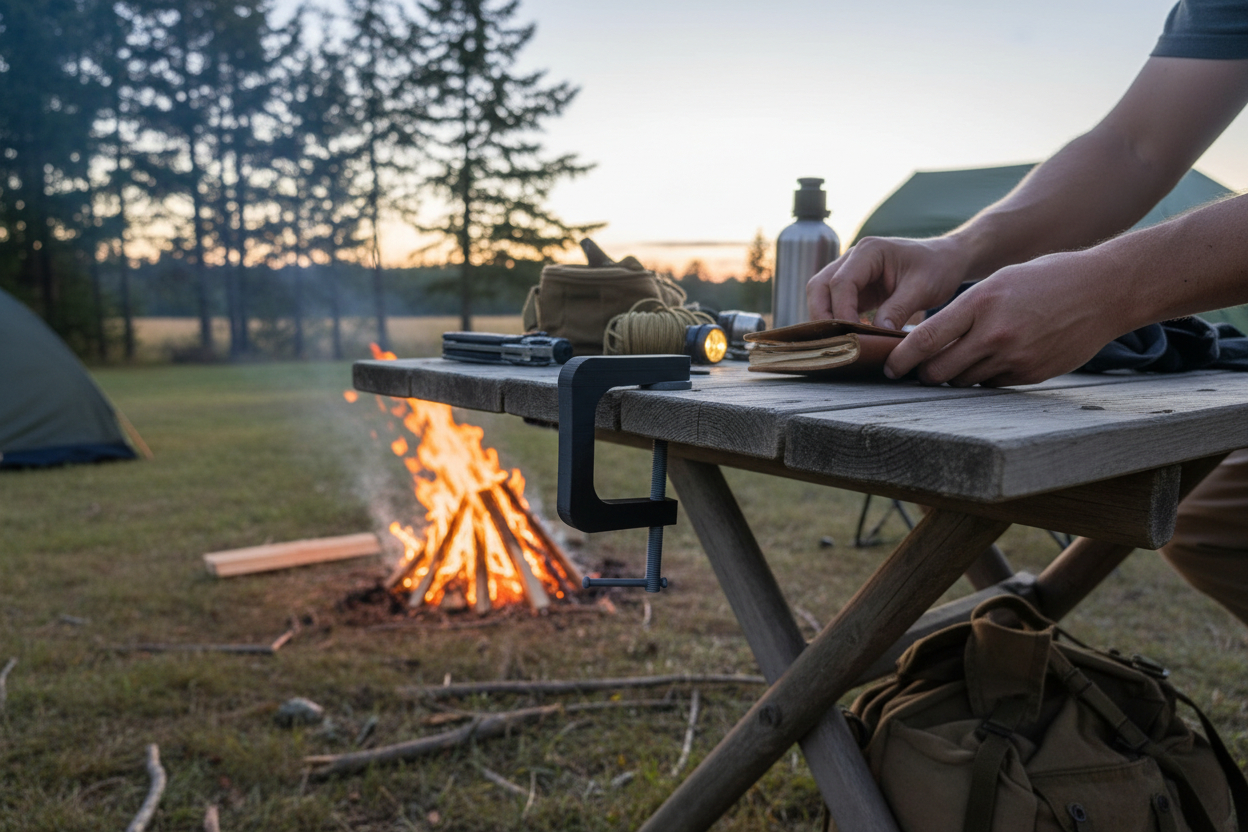 3D printed C-clamp securing a table edge at a campfire