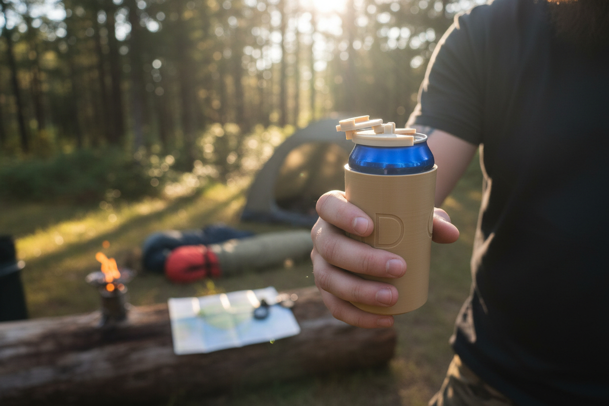 3D printed koozie with can lid at a campsite