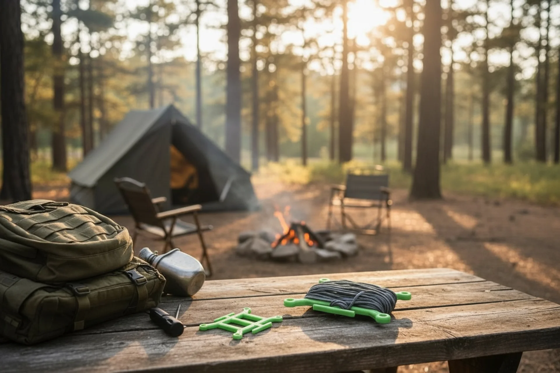 3D printed paracord spool on a campsite table