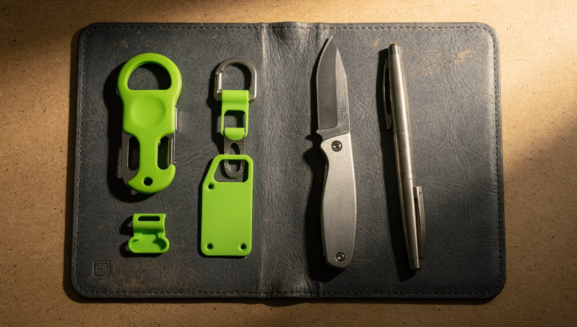 EDC kit laid out on a leather pad, ready to choose what to print first.