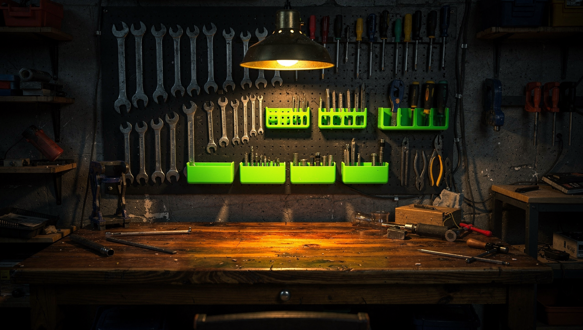 Workshop pegboard with hand tools and printed neon green organizers.