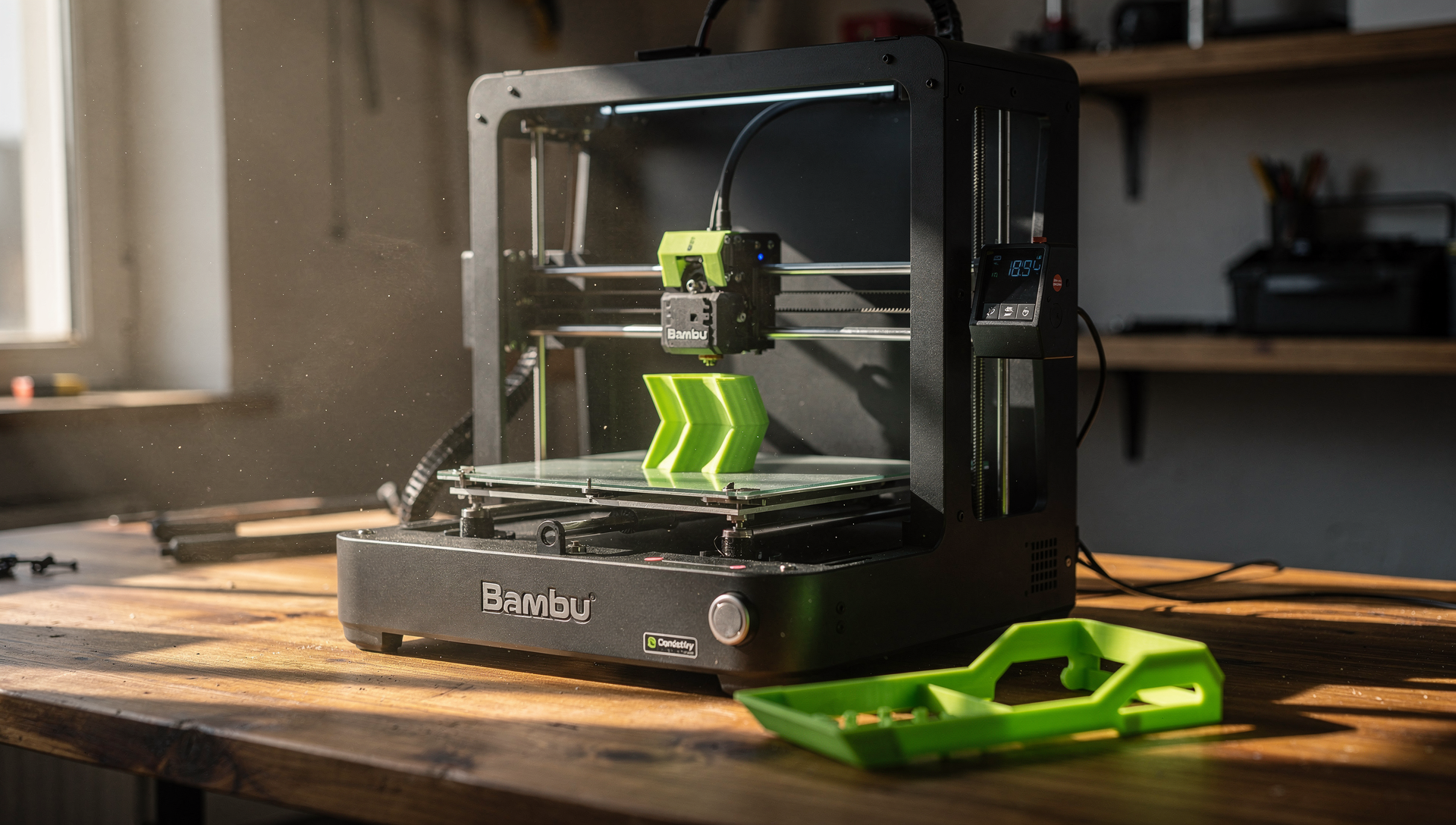 Bambu Lab printer mid-print with neon green PETG filament visible.